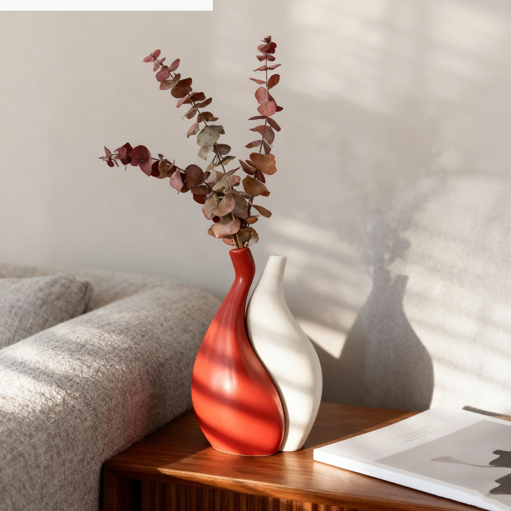 Ceramic Vase Two-piece Assembled Abstract Vase Orange Flowerpot Ceramic Handicraft Home Decoration Accessories Flower Vases